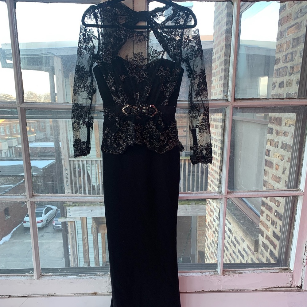 Lace Overlay Long Sleeve Evening Gown